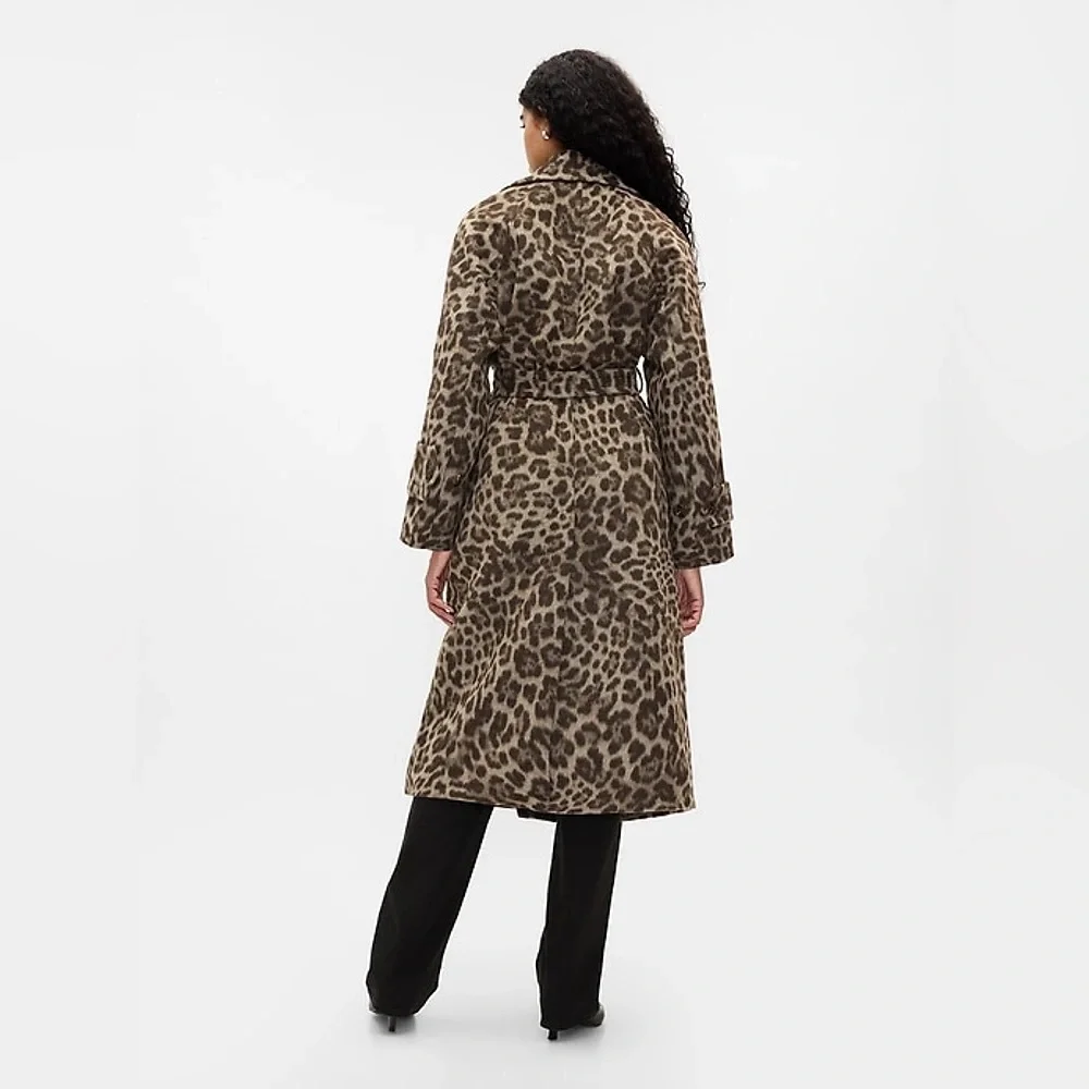 Gap XXS Double-Breasted Leopard Trench Coat Grey Brown